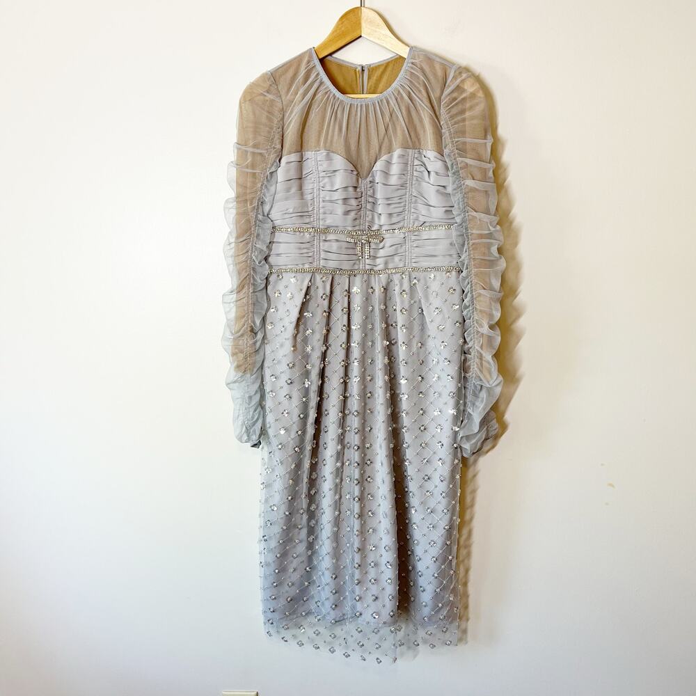 Self-Portrait Sequined Tulle Satin Tiered Midi Dress Grey US 8 - Picture 2 of 11